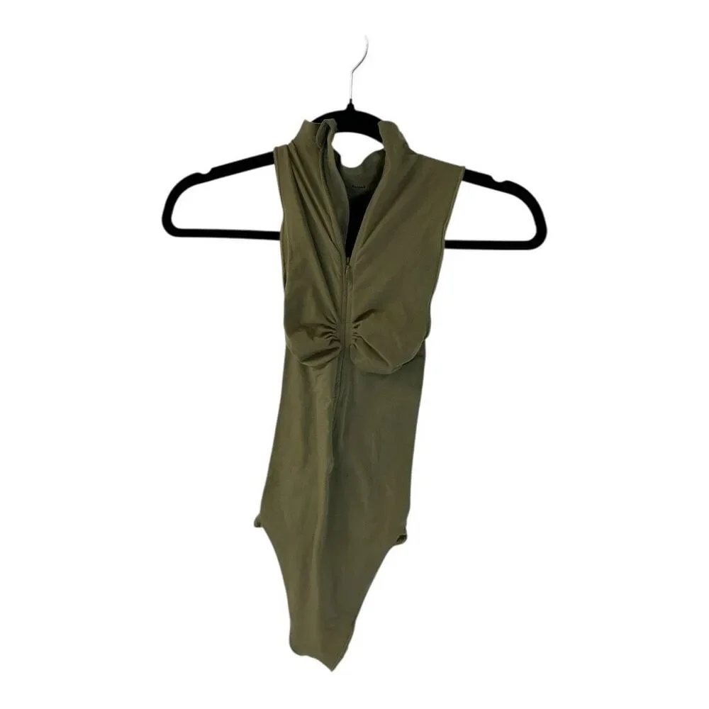Skims Women's Size Small Olive Green One Piece Bodysuit Zip UP